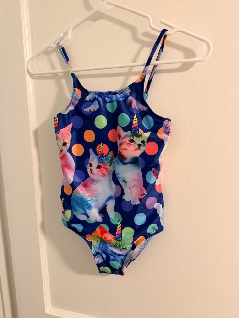 Girls Navy Cat Unicorn Polka Dot One-Piece Swimsuit